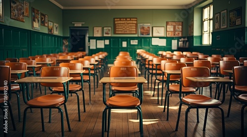 classroom with rows of empty chairs, in the style of light orange and dark green, vintage-inspired, spot metering, use of common materials, schoolgirl lifestyle, light yellow and dark maroon. photo