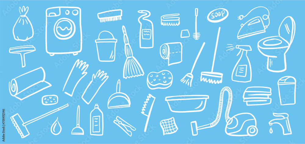 Vector collection of household cleaning, washing and disinfection equipment hand-drawn in doodle style Vector collection of household cleaning, washing and disinfection equipment hand-drawn in doodle style