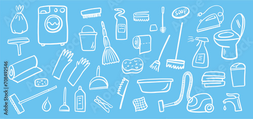 Vector collection of household cleaning, washing and disinfection equipment hand-drawn in doodle style