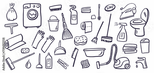 Vector collection of household cleaning, washing and disinfection equipment hand-drawn in doodle style