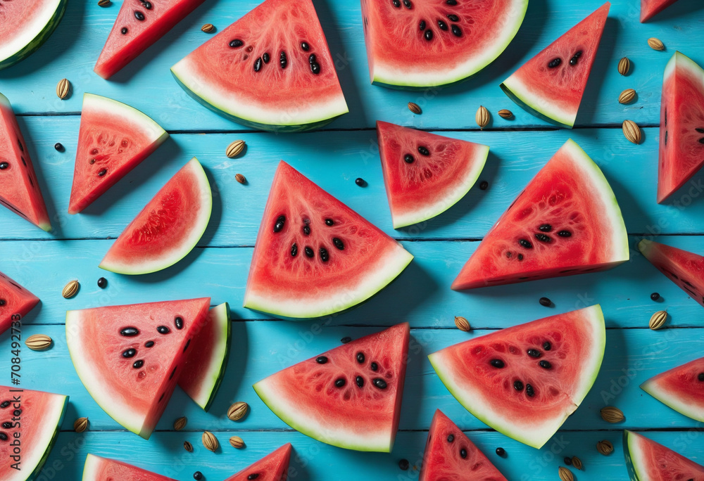 Watermelon slices on blue table Watermelon slices on blue table