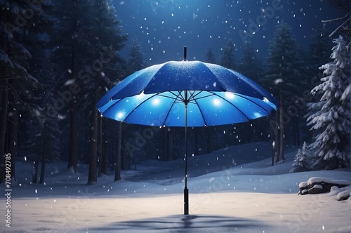 Blue umbrella with light decoration, on snow night forest background