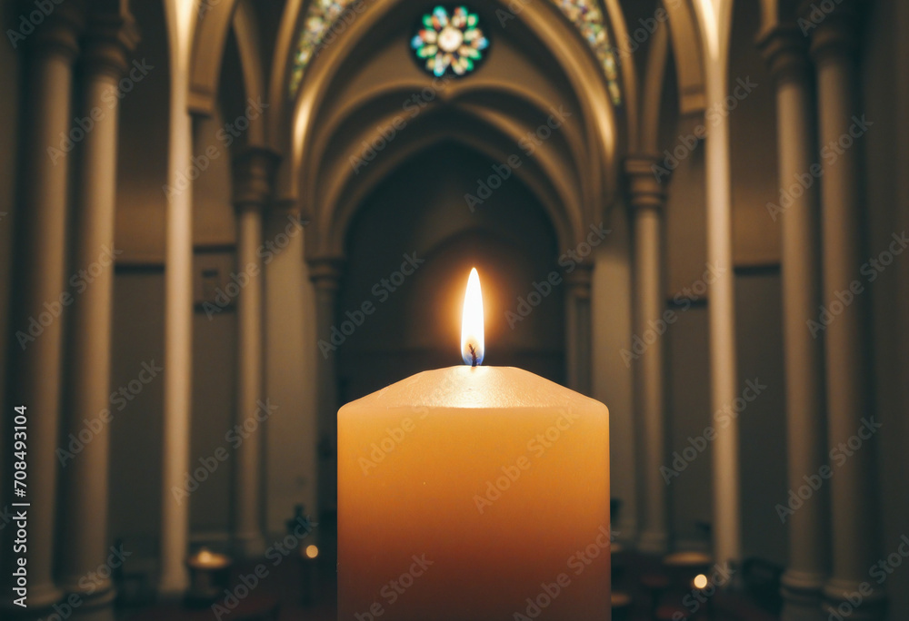 AI-created image of a candle burning in a cathedral on All Saints Day, a religious holiday AI-created image of a candle burning in a cathedral on All Saints Day, a religious holiday
