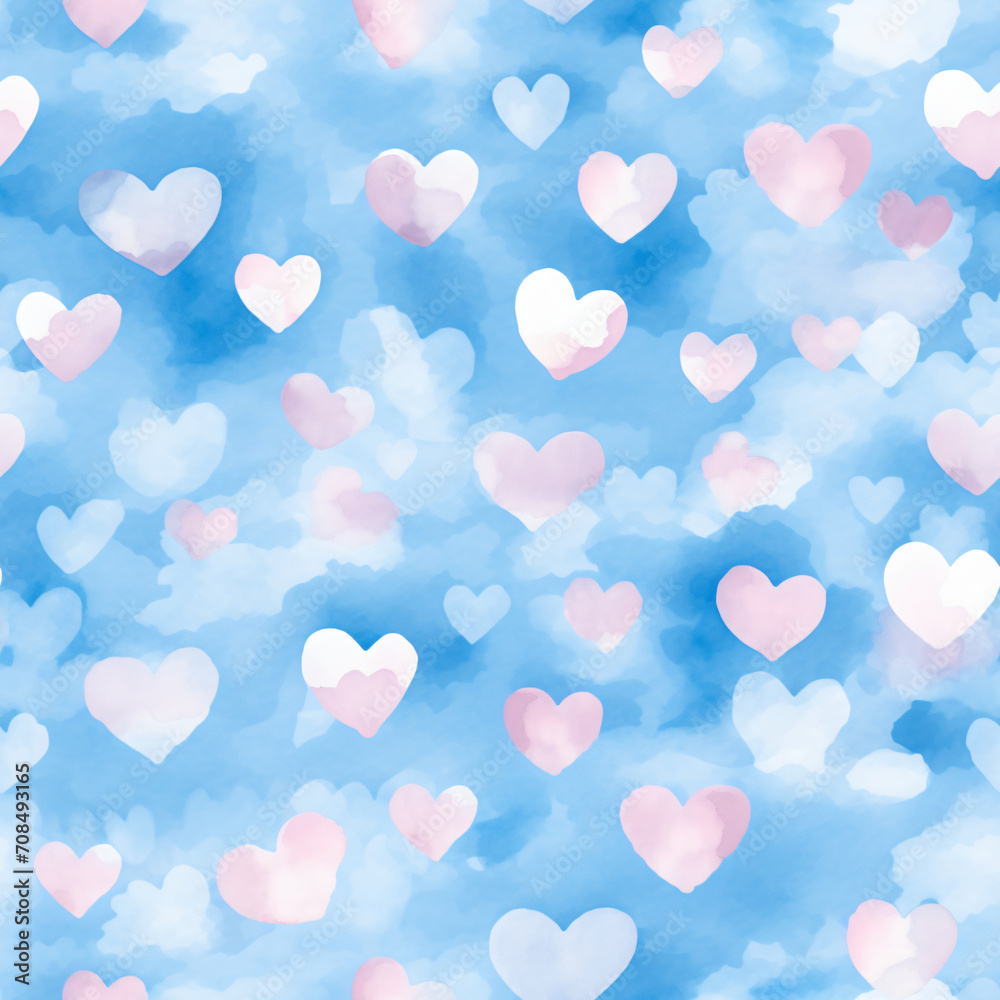 Abstract watercolor seamless pattern with blue and pink hearts. Love, Valentine day, wedding concept. Romantic background for print, design greeting card, textile, paper, banner, flyer