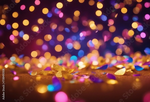 Flying festive colorful neon confetti in gold, pink and purple tones