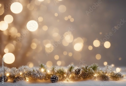 Christmas banner with blank space for text xmas tree and sparkle bokeh lights on white canvas background © FrameFinesse