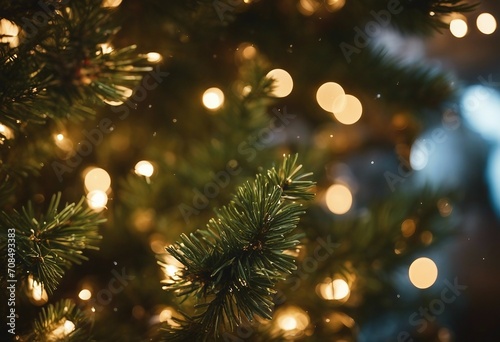 Close up Christmas tree branches with bokeh light