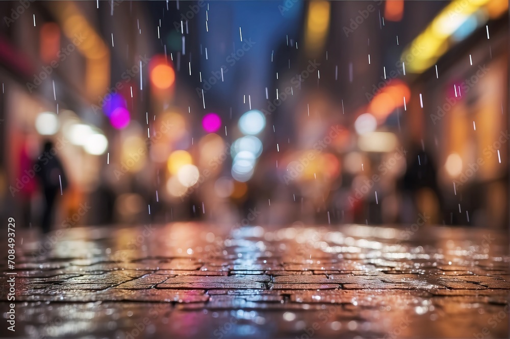 Raining stree city with blurred defocused background