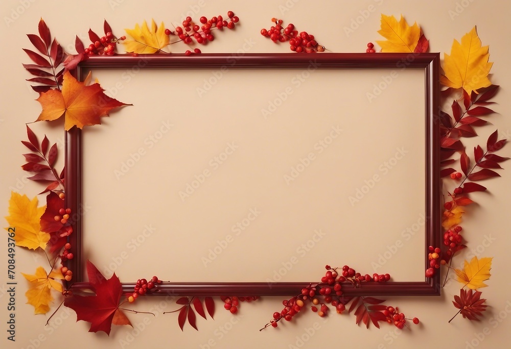 Frame of colorful red and yellow autumn leaves with cones on trendy pastel beige background Frame of colorful red and yellow autumn leaves with cones on trendy pastel beige background