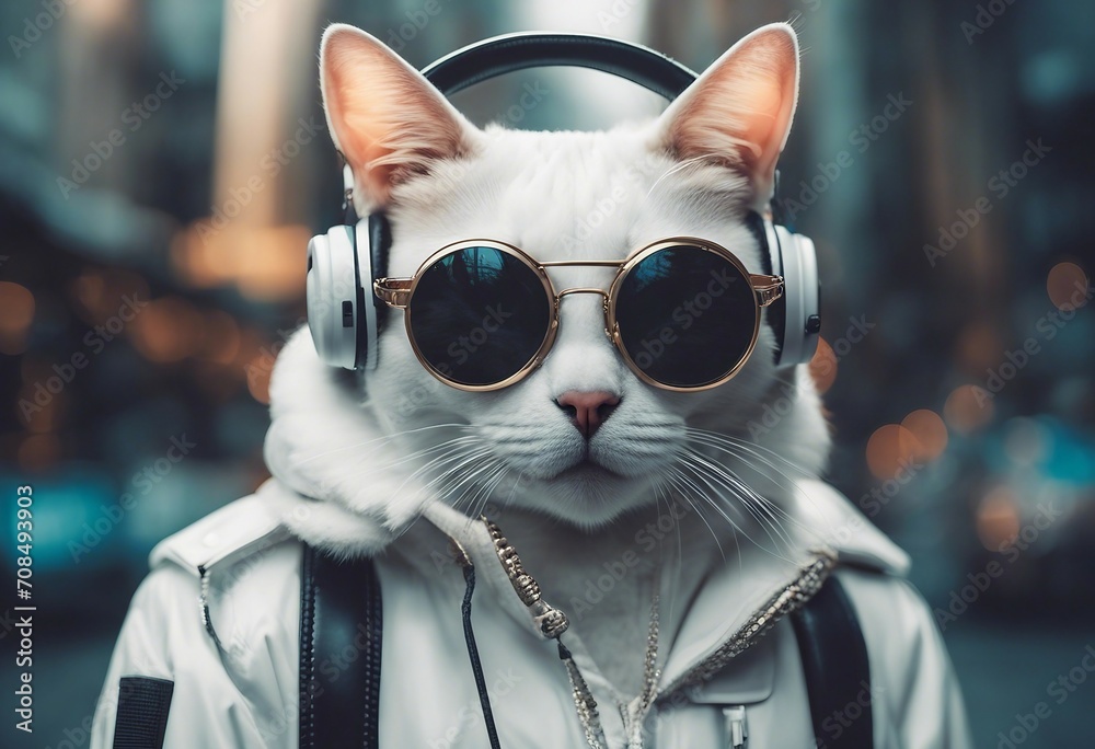 Illustration of fantasy character with cat head in black sunglasses and headphones wearing white jacket and black bag