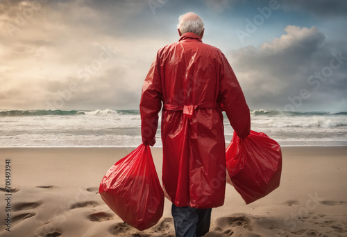 Un homme habillé de vêtement en plastique rouge avec des sacs poubelles - Generative AI