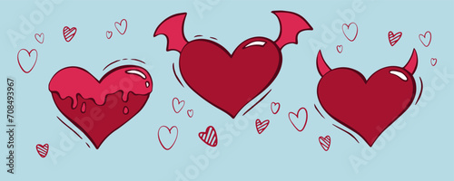 Set of groovy hearts in hippie love style for Valentine's Day. Comic heart character in retro 80s 70s trendy cartoon style. Retro  elements for print, wrapping paper, web sites, background and cards.