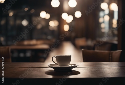 Cup of coffee on the dark wood table in the cafe with a blurred background in evening
