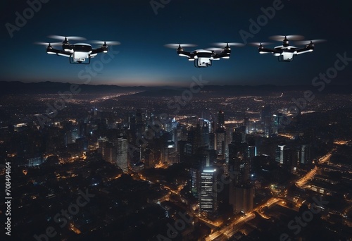 Three black scout drones fly over the city at night Surveillance from the sky