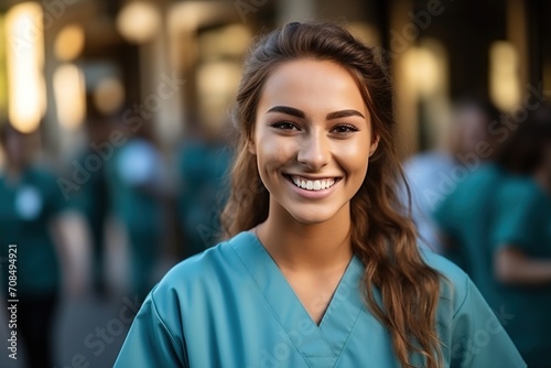 Happy young female nurse in blue uniform standing outside hospital