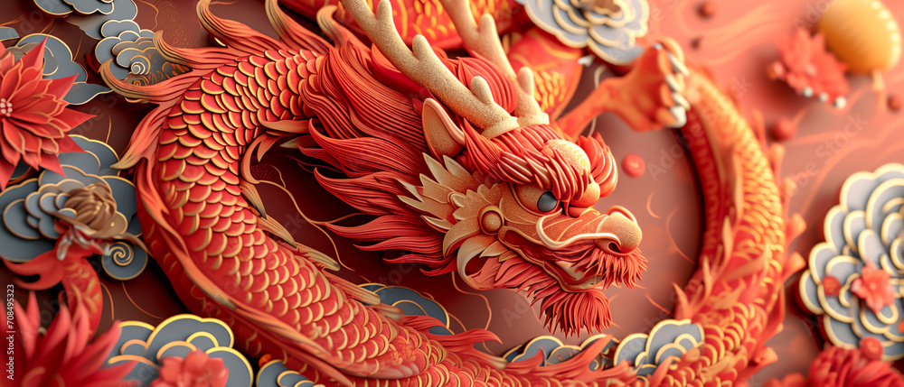 Obraz premium Chinese dragon new year background. Paper cut style