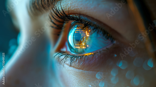 Female eye close up with smart contact lens with digital and bio-metric implants to scanning the ocular retina. Future concept and hi tech technology for computer scans of face identification photo