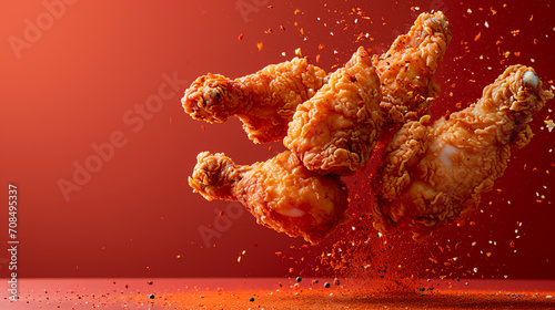 Delicious fried chicken wings mix with spicy ingredients herbs on red background