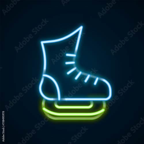 Glowing neon line Skates icon isolated on black background. Ice skate shoes icon. Sport boots with blades. Colorful outline concept. Vector