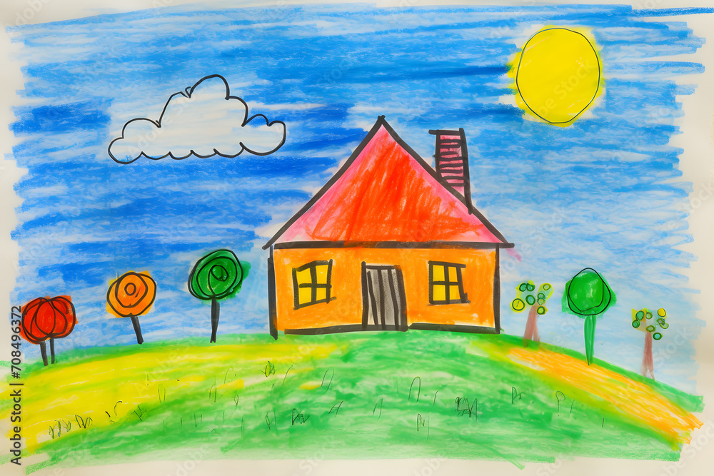 А child 's drawing of a house and a sunny sky А child 's drawing of a house and a sunny sky