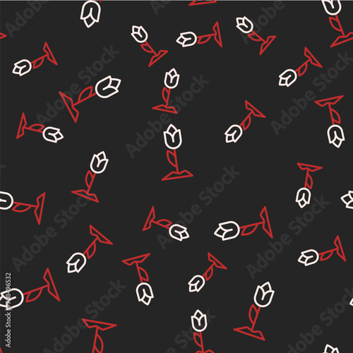 Line Flower tulip icon isolated seamless pattern on black background. Vector