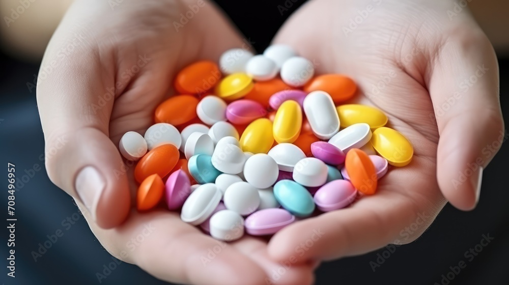 hands holding a large handful of multi-colored pills hands holding a large handful of multi-colored pills