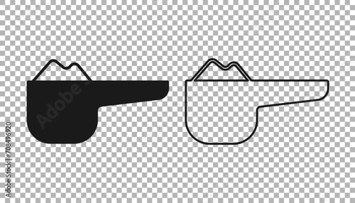 Black Sports nutrition bodybuilding proteine power drink and food icon isolated on transparent background. Vector