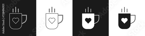 Set Coffee cup and heart icon isolated on black and white background. Couple coffee for lovers on Valentines Day. Vector