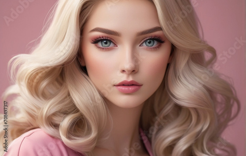 A stunning portrait of a beautiful fair-long haired blonde-pink balayage hair slavic woman Generated AI