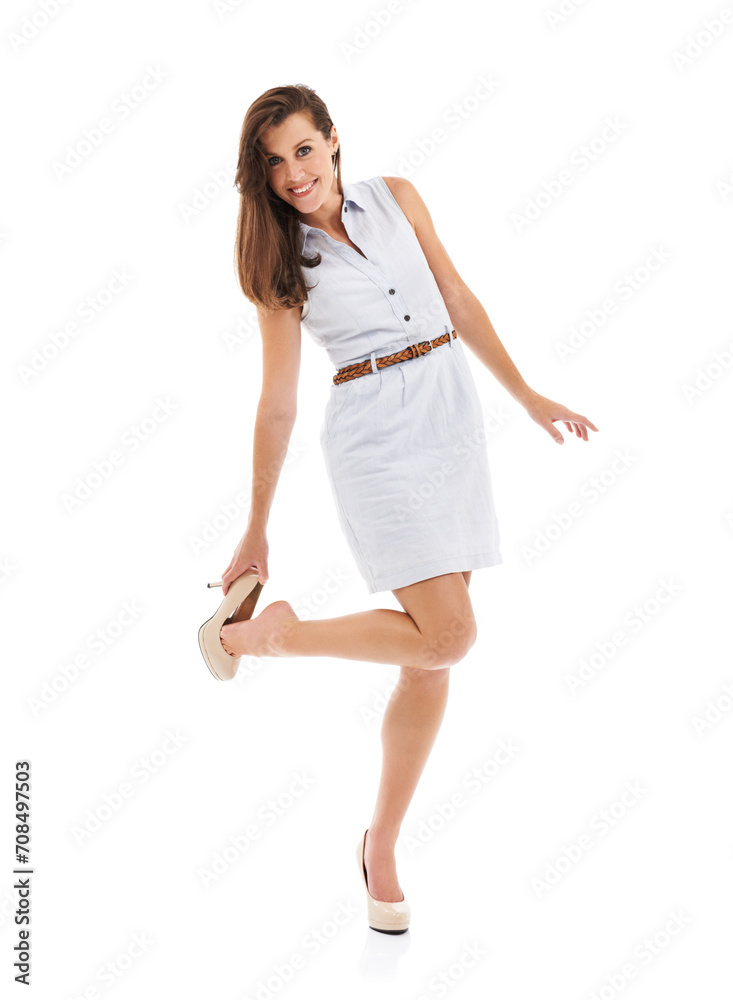 Woman, fitting high heels and studio portrait for trendy style, balance or feet by white background. Girl, person and shoes for size check, edgy clothes or outfit choice for test, product and fashion Woman, fitting high heels and studio portrait for trendy style, balance or feet by white background. Girl, person and shoes for size check, edgy clothes or outfit choice for test, product and fashion