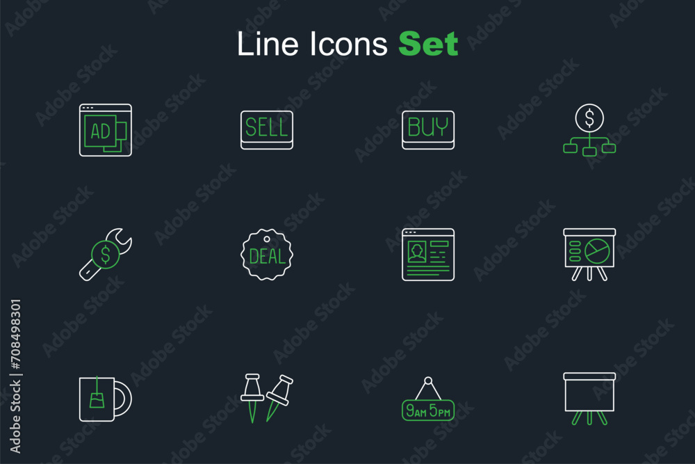 Set line Chalkboard, From 9 to 5 job, Push pin, Cup of tea, Board with graph, Resume, Deal and Repair price icon. Vector