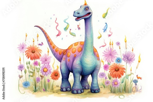 Illustration of cute dinosaur. Greeting birthday card  poster  banner for children.