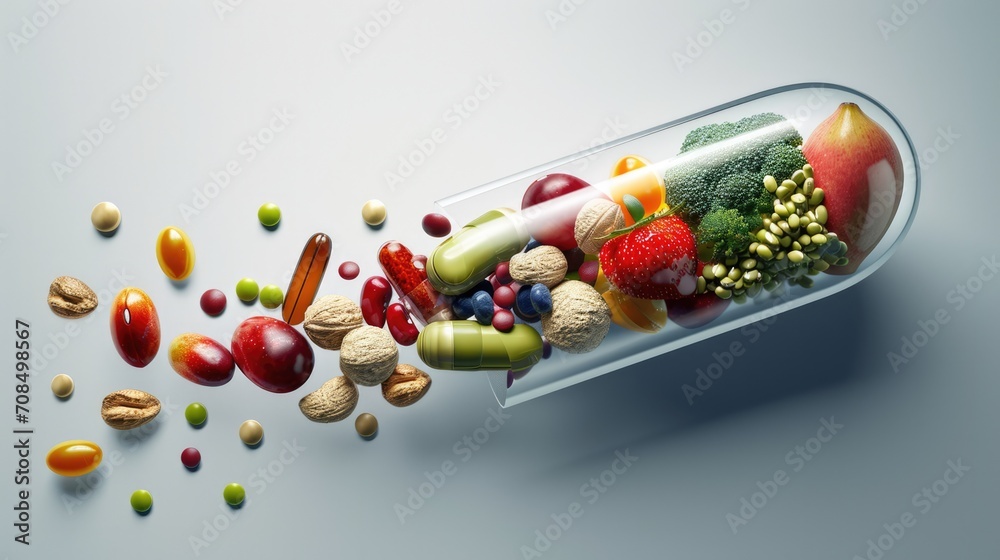 Medicine health concept. Nutritional supplement and vitamin supplements as a capsule with fruit vegetables nuts and beans inside a nutrient pill. - obrazy, fototapety, plakaty 