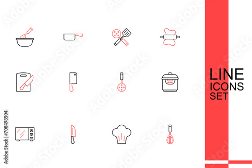 Set line Kitchen whisk, Chef hat, Knife, Microwave oven, Slow cooker, Spatula, Meat chopper and Cutting board and knife icon. Vector