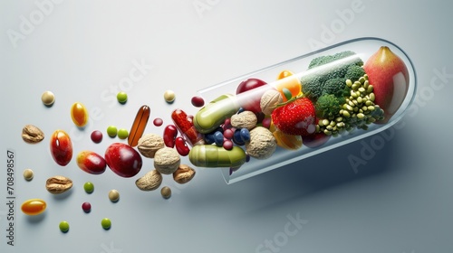 Medicine health concept. Nutritional supplement and vitamin supplements as a capsule with fruit vegetables nuts and beans inside a nutrient pill. photo