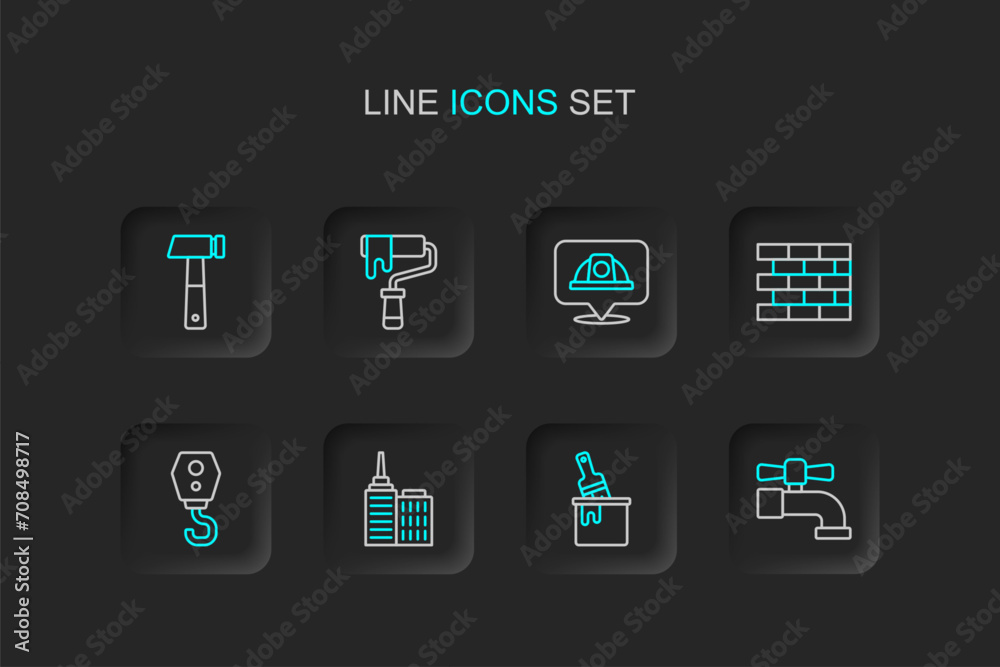 Set line Water tap, Paint bucket with brush, City landscape, Crane hook, Bricks, Worker safety helmet, roller and Hammer icon. Vector