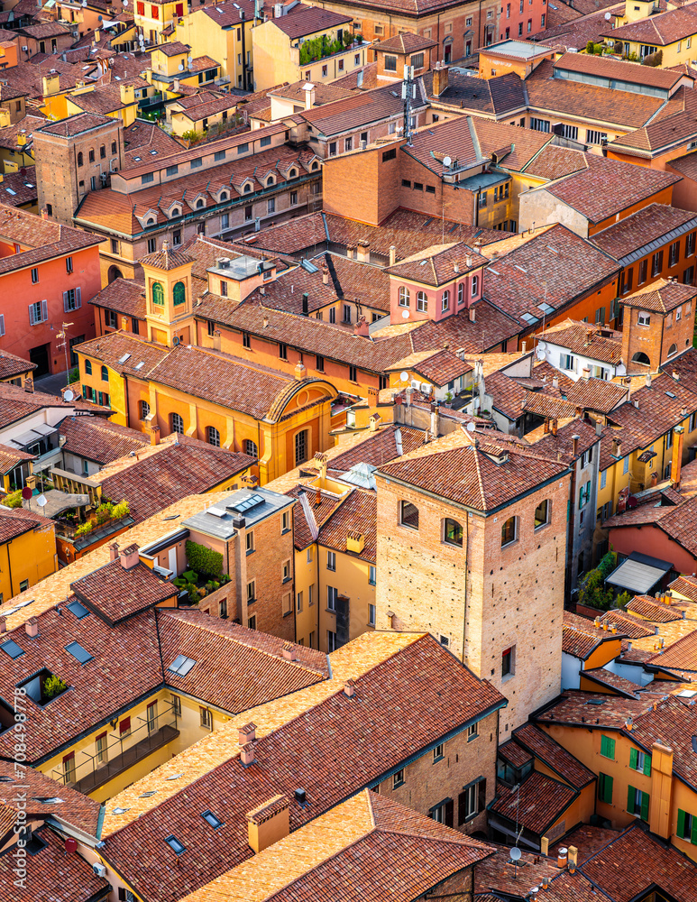 View of the city of Bologna. A city of long street galleries and leaning medieval towers. Italy