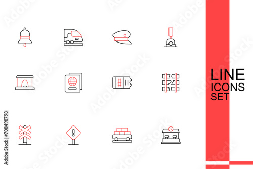 Set line Railway station, Cargo train wagon, Exclamation mark square, Railroad crossing, Broken or cracked railway, Train ticket, Passport and tunnel icon. Vector