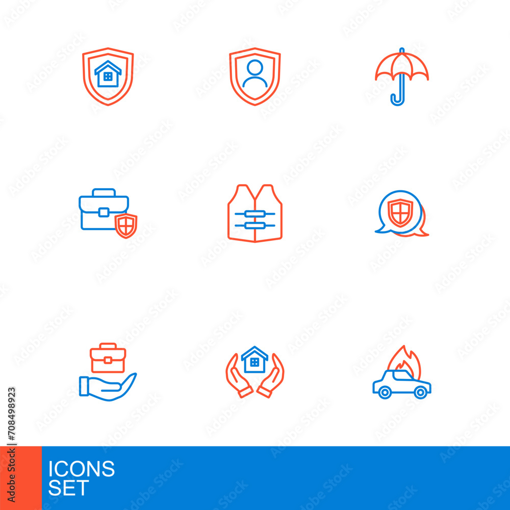 Set line Burning car, House hand, Hand holding briefcase, Shield, Briefcase with shield, Life jacket, Umbrella and insurance icon. Vector