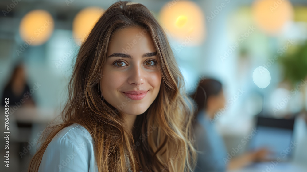 Obraz premium Successful young businesswoman standing in modern office and looking at camera. Woman entrepreneur in a co-working space smiling. Portrait of beautiful business woman standing. 