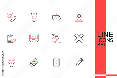 Set line Syringe, Emergency call 911, Smart watch with heart, Skull, Crossed bandage plaster, Wheelchair for disabled person, Monitor cardiogram and Patient record icon. Vector