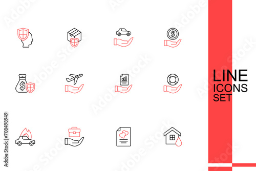 Set line House flood, Marriage contract, Hand holding briefcase, Burning car, Lifebuoy hand, Contract, Plane and Money bag with shield icon. Vector