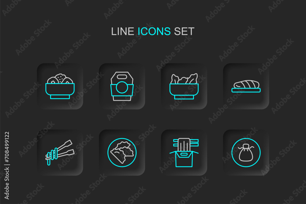 Set line Wonton, Asian noodles in paper box, Dumpling, Food chopsticks with, Fish steak, and Chow mein plate icon. Vector