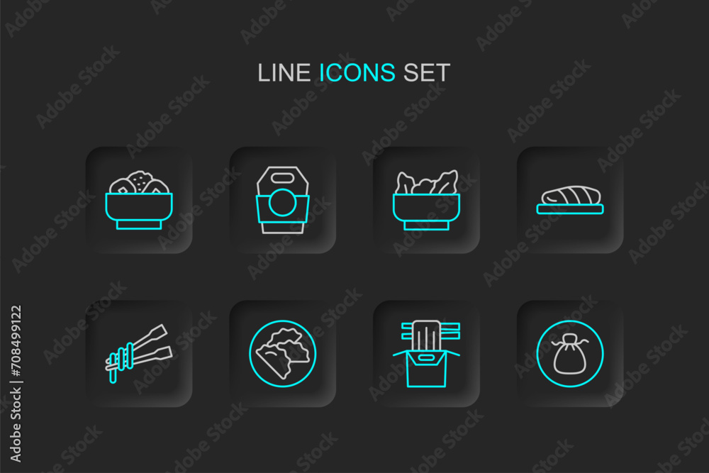 Set line Wonton, Asian noodles in paper box, Dumpling, Food chopsticks with, Fish steak, and Chow mein plate icon. Vector Set line Wonton, Asian noodles in paper box, Dumpling, Food chopsticks with, Fish steak, and Chow mein plate icon. Vector
