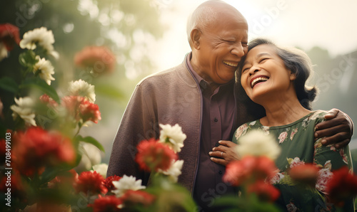 An elderly couple, a man and a woman, hugging. They look at each other with a loving gaze. Old people on a walk. Relationships in old age. Love and romance.