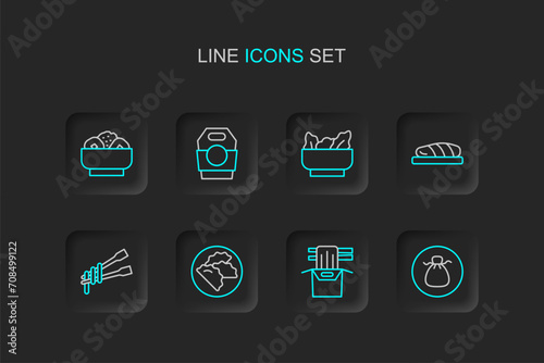 Set line Wonton, Asian noodles in paper box, Dumpling, Food chopsticks with, Fish steak, and Chow mein plate icon. Vector