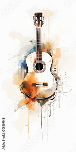 Close-Up Watercolor Sketch of Acoustic Guitar and Classical Guitar on Musical Score