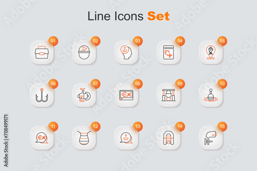 Set line Outboard boat motor, Inflatable with, Fishing hook, net, float water, Campfire and pot and finder echo sounder icon. Vector