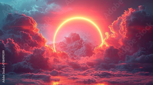 puffy light red cloud with a circle in the sky with pink lights © hakule