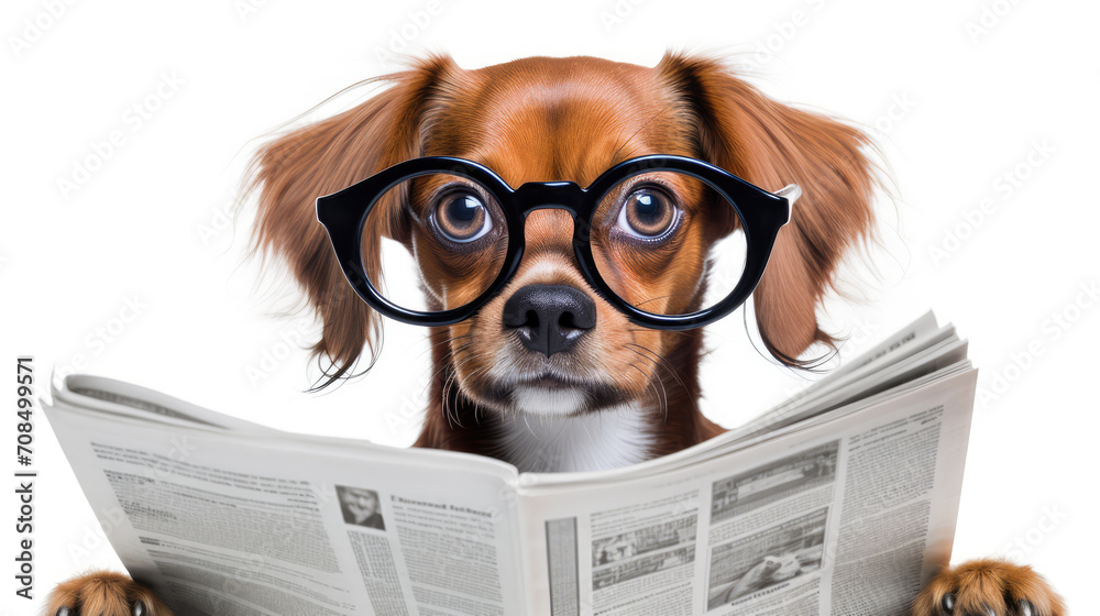 shocked dog reading a newspaper - obrazy, fototapety, plakaty 